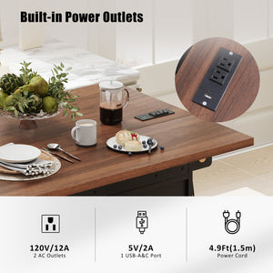 English Elm K&K 46.5'' Farmhouse Kitchen Island Cart with Beaded Drapes, Drop Leaf, Power Hub, Ample Storage Black N707P254872B