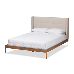 Baxton Studio Baxton Studio Brooklyn Mid-Century Platform Bed with Winged Headboard and Warm Walnut Accents Beige BBT6653-Light Beige-Queen-6086-1