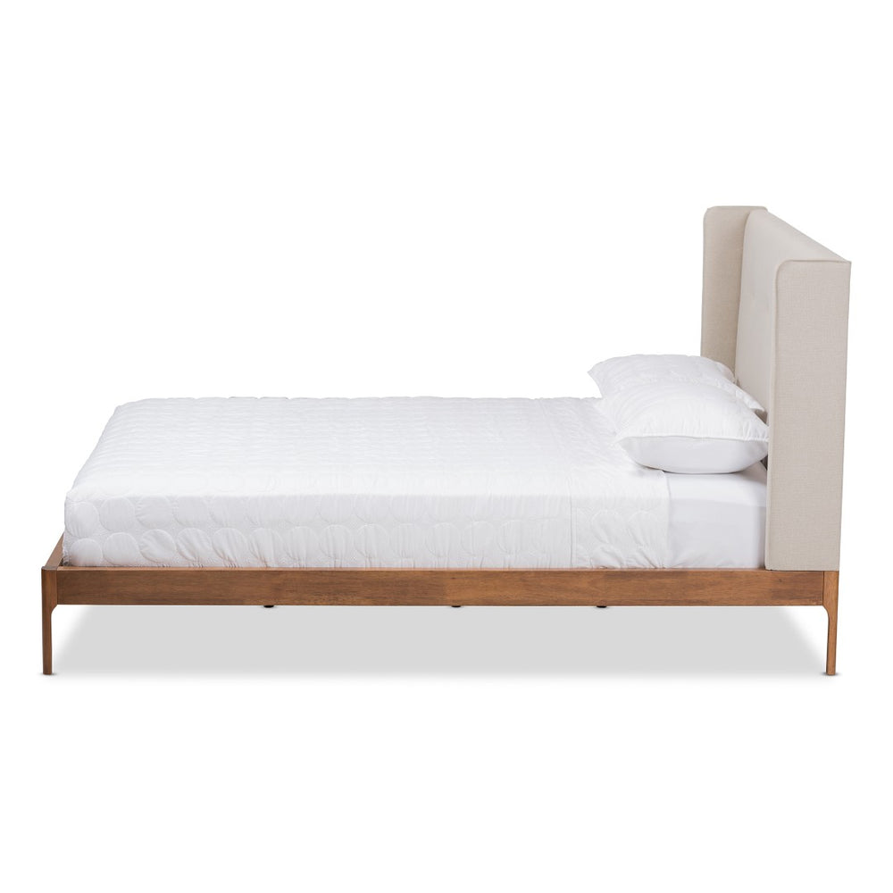 Baxton Studio Baxton Studio Brooklyn Mid-Century Platform Bed with Winged Headboard and Walnut Wood Finish King BBT6653-Light Beige-King-6086-1