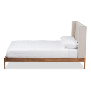 Baxton Studio Baxton Studio Brooklyn Mid-Century Platform Bed with Winged Headboard and Warm Walnut Accents Beige BBT6653-Light Beige-Queen-6086-1