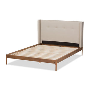 Baxton Studio Baxton Studio Brooklyn Mid-Century Platform Bed with Winged Headboard and Warm Walnut Accents Beige BBT6653-Light Beige-Queen-6086-1