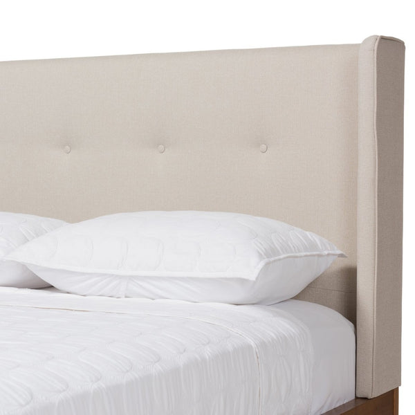 Baxton Studio Baxton Studio Brooklyn Mid-Century Platform Bed with Winged Headboard and Walnut Wood Finish King BBT6653-Light Beige-King-6086-1