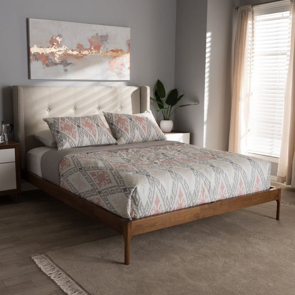 Baxton Studio Baxton Studio Brooklyn Mid-Century Platform Bed with Winged Headboard and Walnut Wood Finish King BBT6653-Light Beige-King-6086-1