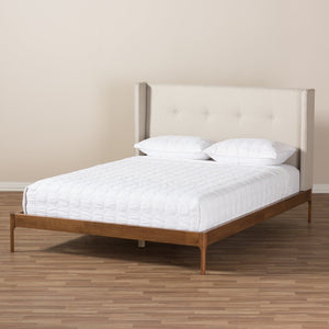 Baxton Studio Baxton Studio Brooklyn Mid-Century Platform Bed with Winged Headboard and Walnut Wood Finish King BBT6653-Light Beige-King-6086-1