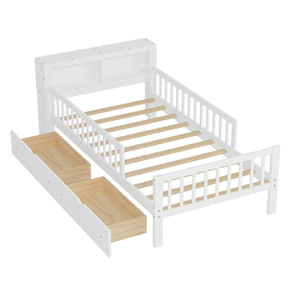 English Elm Twin Size Bed With Headboard Storage, Two Drawers, Safety Guardrails, And Stylish White Finish N733P272374K-GIGA