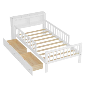 English Elm Twin Size Bed With Headboard Storage, Two Drawers, Safety Guardrails, And Stylish White Finish N733P272374K-GIGA