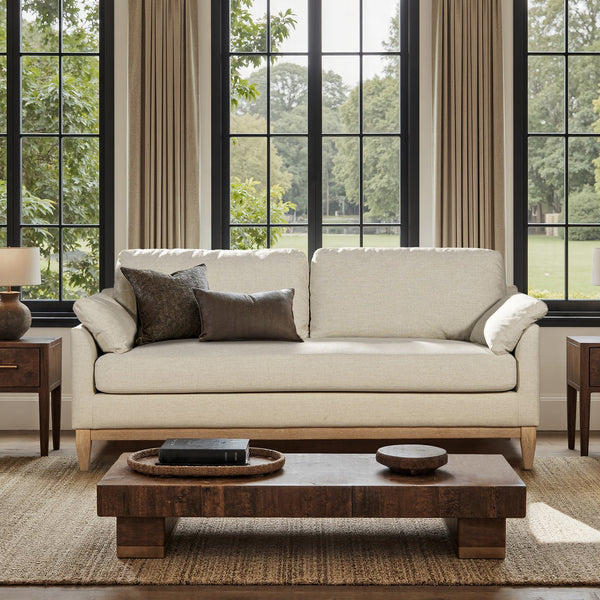 English Elm Jennifer Taylor Home - Pasadena 75.5" Modern Farmhouse Sofa in Flax White Linen — Eco Rubberwood Base, Plush Feather-Blend Pillows B2719P353146