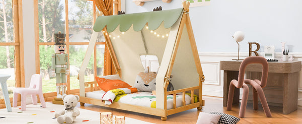 English Elm Twin Cabin Bed with Detachable Tent Skylight and Woodland Deer Antler Accents White N708P356716K