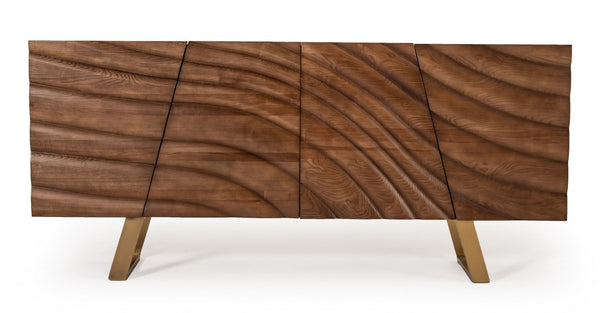 VIG Furniture Finley Walnut & Gold Mid‑Century Buffet Console — Corrugated Doors, Brushed Gold Legs, Spacious W71" Xh34" VGCSSB-16050-GLD