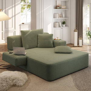 English Elm Luxurious Corduroy Frameless Chaise with Sleeper Conversion Foam Cushioning and Storage Pocket Green W3219P459765