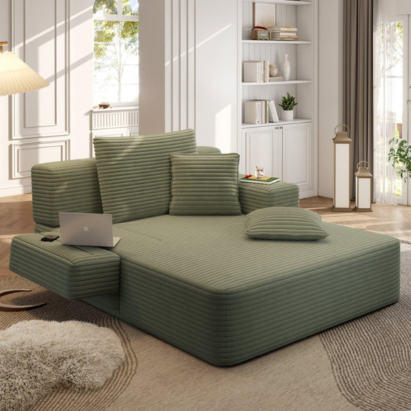 English Elm Luxurious Corduroy Frameless Chaise with Sleeper Conversion Foam Cushioning and Storage Pocket Green W3219P459765