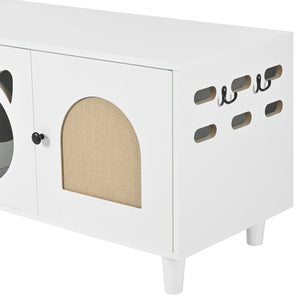English Elm Modern Wood Cat Cabinet with Sisal Scratcher, Magnetic Litter Box Enclosure with Storage & Hooks, Cream White N843P252373C