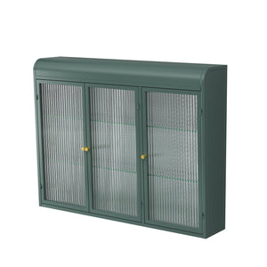 English Elm 3 Door Arched Wall Mounted Glass Cabinet with Wide Top Narrow Bottom Design for Stylish Storage and Display Dark Green W757P221504