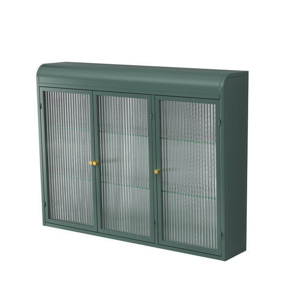 English Elm 3 Door Arched Wall Mounted Glass Cabinet with Wide Top Narrow Bottom Design for Stylish Storage and Display Dark Green W757P221504