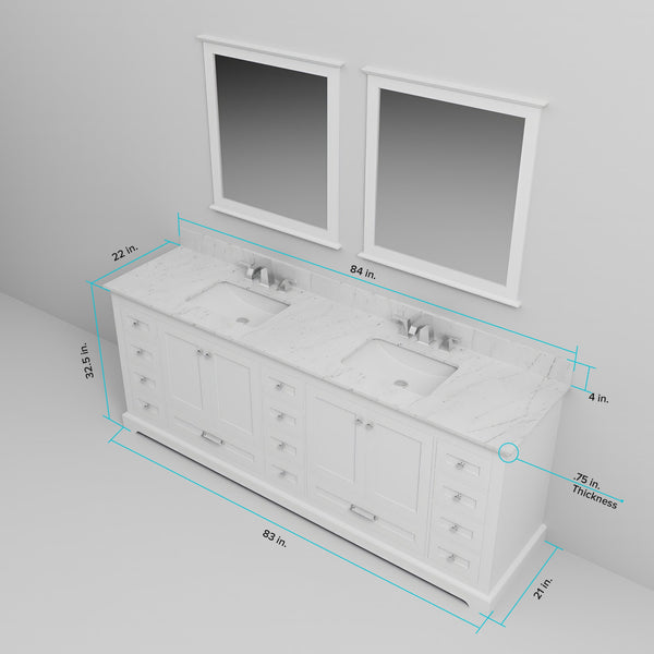 English Elm White 84" Double Bath Vanity with White Quartz Top, Soft-Close Drawers, 14-Drawer Storage & Mirrors B2731S00823
