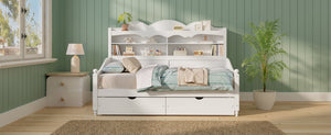 English Elm Twin Daybed Retro Wood Frame with Under Bed Drawers and Headboard Shelving White N733S415358K