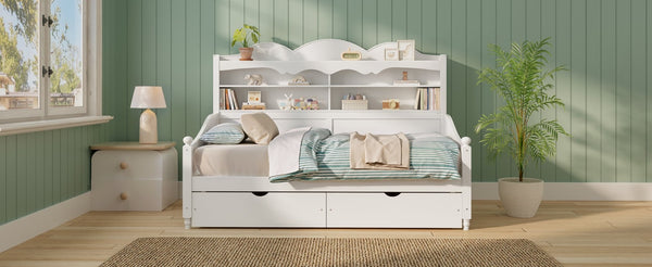 English Elm Twin Daybed Retro Wood Frame with Under Bed Drawers and Headboard Shelving White N733S415358K