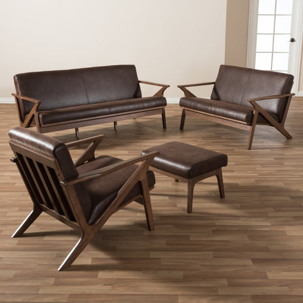 Baxton Studio Baxton Studio Bianca 4-Piece Mid-Century Modern Sofa Set in Distressed Brown Faux Leather Comfort Bianca-Dark Brown/Walnut Brown-4PC-Set