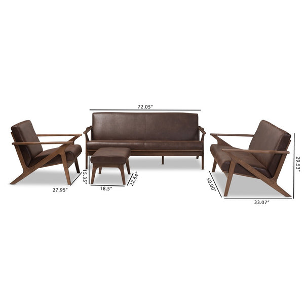Baxton Studio Baxton Studio Bianca 4-Piece Mid-Century Modern Sofa Set in Distressed Brown Faux Leather Comfort Bianca-Dark Brown/Walnut Brown-4PC-Set