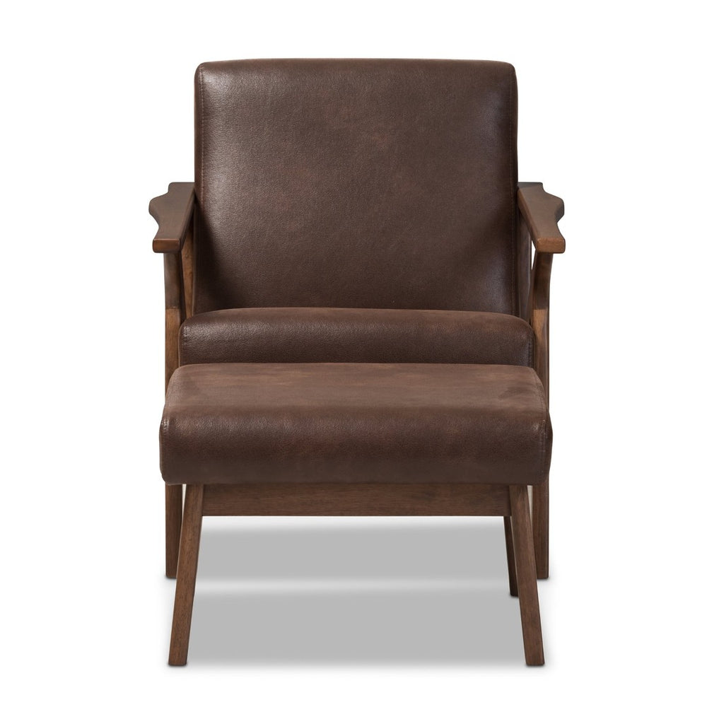 Baxton Studio Baxton Studio Bianca Lounge Chair & Ottoman Set - Mid-Century Modern Walnut & Distressed Faux Leather Bianca-Dark Brown/Walnut Brown-2PC-Set