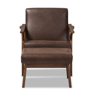 Baxton Studio Baxton Studio Bianca Lounge Chair & Ottoman Set - Mid-Century Modern Walnut & Distressed Faux Leather Bianca-Dark Brown/Walnut Brown-2PC-Set