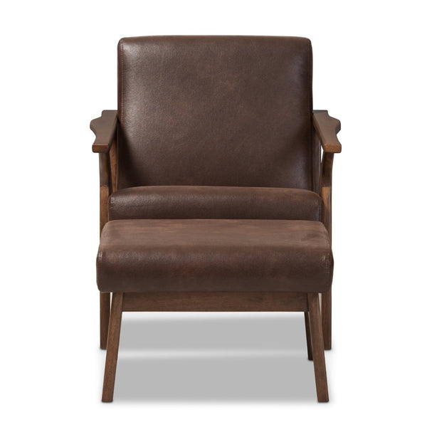 Baxton Studio Baxton Studio Bianca Lounge Chair & Ottoman Set - Mid-Century Modern Walnut & Distressed Faux Leather Bianca-Dark Brown/Walnut Brown-2PC-Set