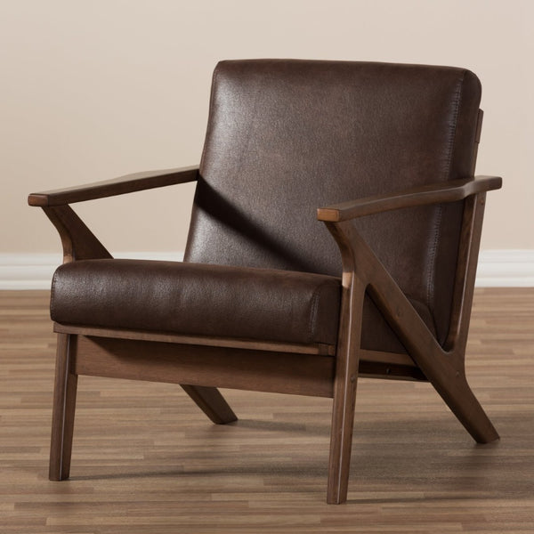 Baxton Studio Baxton Studio Bianca Mid-Century Lounge Chair in Dark Brown Faux Leather with Walnut Frame Design Bianca-Dark Brown/Walnut Brown-CC