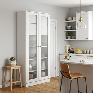 72 Inch Solid White Wood Tall Pantry Cabinet with Eight Two-drawer Storage Sections