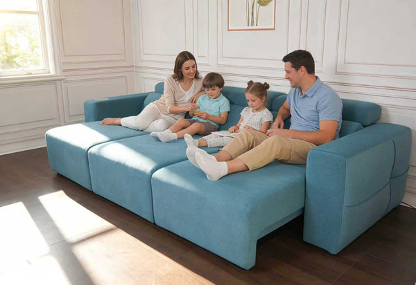 English Elm Power Reclining Sofa with Bluetooth Speakers Wireless Charging and Smart Home Theater Seating Blue W3795S00009