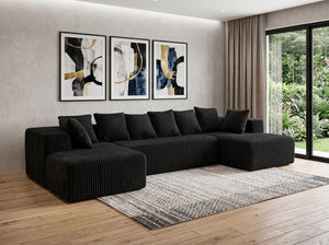 Corduroy U-shaped Sectional Sofa with Built-in Console Accent Pillows for Living Room