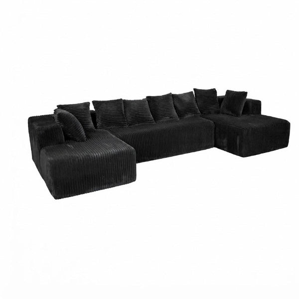 HomeRoots Corduroy U-shaped Sectional Sofa with Built-in Console Accent Pillows for Living Room Black 58 inches 754490