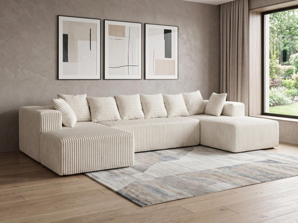 Corduroy U-shaped Sectional Sofa with Built-in Console Chaise and Accent Toss Pillows
