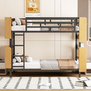 English Elm Twin Metal Bunk Bed with Built-In Headboard Storage and Footboard Shelves, Sturdy Space-Saving Design Black SF000176AAB