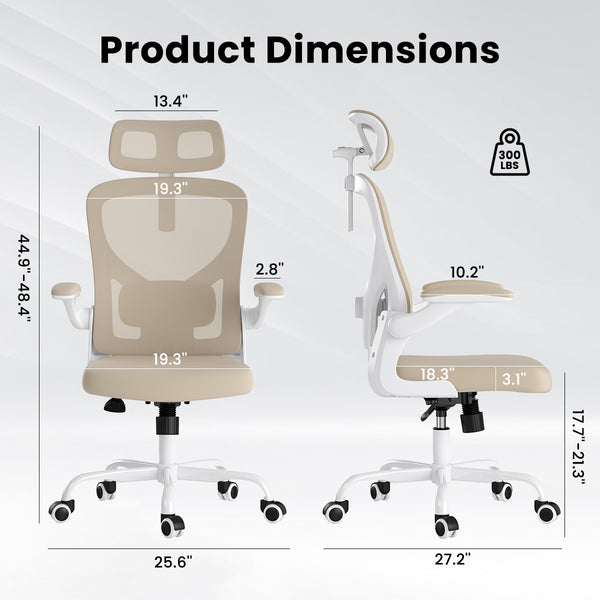 English Elm Ergonomic Office chair with adjustable headrest and lumbar support, breathable mesh, space-saving design khaki,White T3623P368566