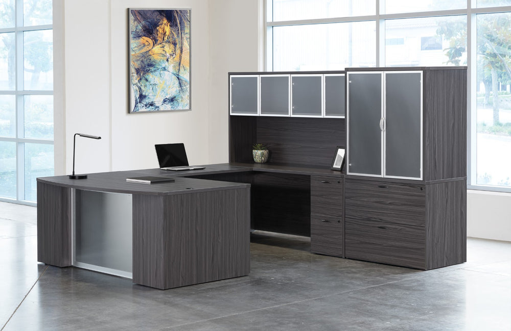 OSP Home Furnishings Napa Executive U-shape Desk with Hutch Filing Storage and Modesty Panel for Offices NAPSGW-TYP213G