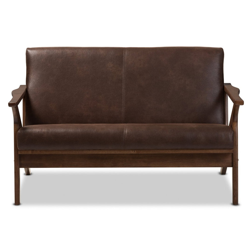 Baxton Studio Baxton Studio Bianca Loveseat: Mid-Century Modern Design in Dark Walnut & Distressed Faux Leather Bianca-Dark Brown/Walnut Brown-LS
