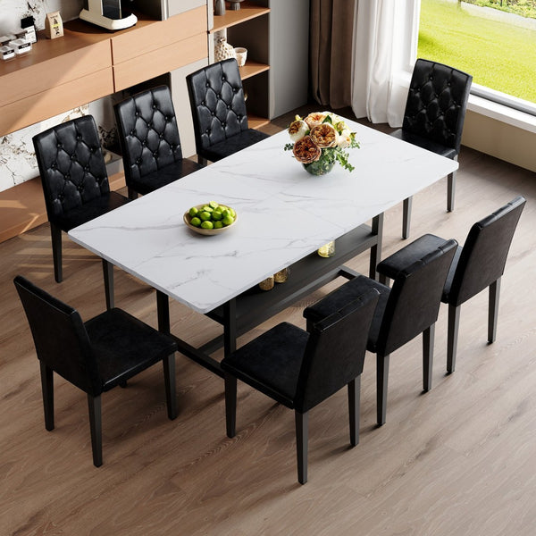 English Elm Table With Integrated Storage And 8 Ergonomic Black Pu Chairs For Modern Dining And Entertaining W1151S04270-GIGA