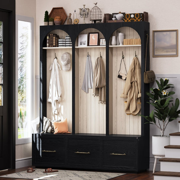 English Elm Farmhouse Hall Tree with Arched Panels Bench Drawers and Hooks for Mudroom Entryway Black W5271S00005