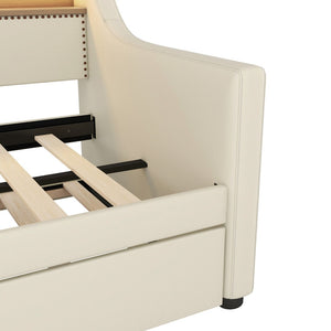 English Elm Twin Size Daybed With Trundle, Stylish Upholstered Design, Charging Station & Led Lights In Beige W1580S00043-GIGA