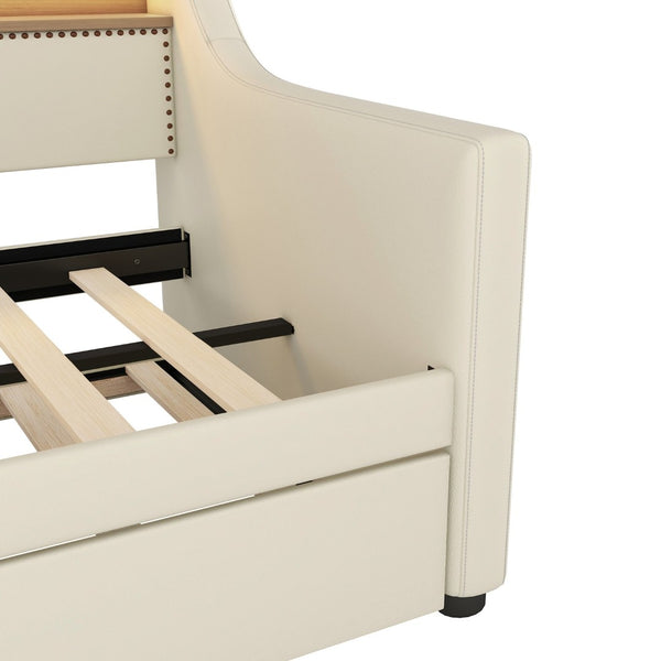 English Elm Twin Size Daybed With Trundle, Stylish Upholstered Design, Charging Station & Led Lights In Beige W1580S00043-GIGA