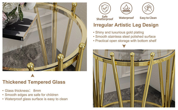 English Elm 19.69inch Gold Round Coffee Table with Crown Frame, 8mm Tempered Glass, Stainless Steel Base, Chic Storage Clear W1550P171466