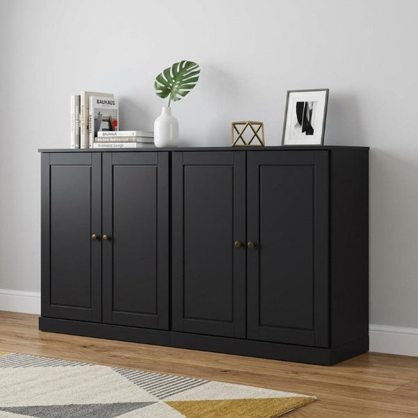 64 Inch Black Solid Wood Sideboard with Four Drawers and Cabinet Storage for Dining