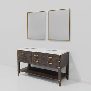 English Elm Brown Oak Double Bath Vanity With White Quartz Top & 28 In. Mirrors - Elegant Storage Solution! B2731S01632