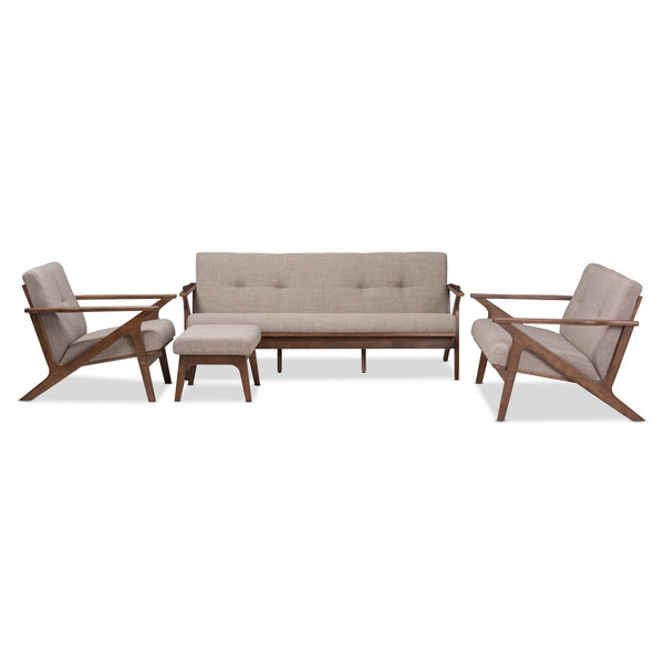 Baxton Studio Baxton Studio Mid-Century Modern Light Grey Fabric & Walnut 4-Piece Living Room Sofa Set Collection Bianca-Light Grey/Walnut Brown-4PC-Set