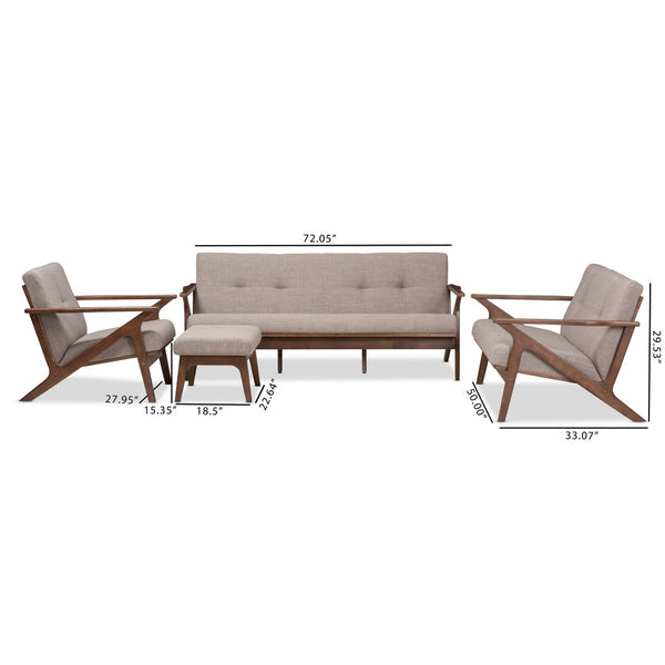 Baxton Studio Baxton Studio Mid-Century Modern Light Grey Fabric & Walnut 4-Piece Living Room Sofa Set Collection Bianca-Light Grey/Walnut Brown-4PC-Set