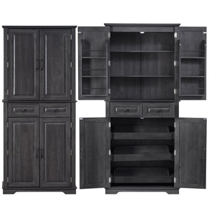 English Elm K&K 71" Tall Farmhouse Pantry Cabinet with Groove Edges, 3 Pull-Out Organizers, 6 Door Shelves Black N707P256507B