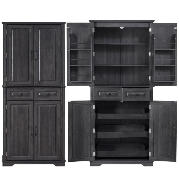 English Elm K&K 71" Tall Farmhouse Pantry Cabinet with Groove Edges, 3 Pull-Out Organizers, 6 Door Shelves Black N707P256507B