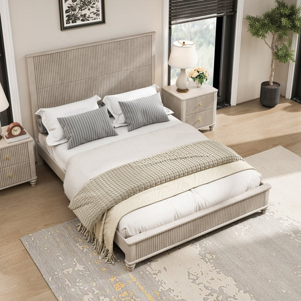 English Elm Solid Rubberwood Queen Platform Bed Tall Headboard Vertical Grain No Box Spring Beige W5819S00002