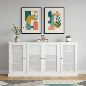 65 Inch Solid Wood Sideboard with Four Glass Doors and Two Drawers for Dining Room Storage