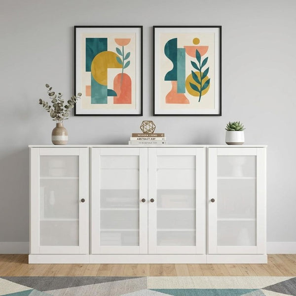 65 Inch Solid Wood Sideboard with Four Glass Doors and Two Drawers for Dining Room Storage